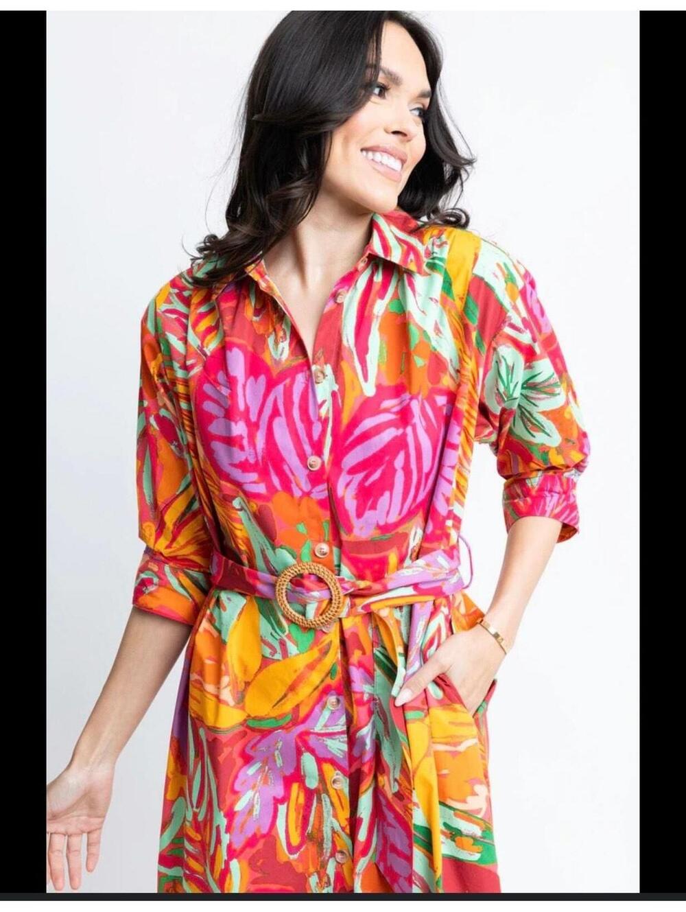 NWT Karlie Abstract Tropical Palm Shirt Midi Dress In Multi size L